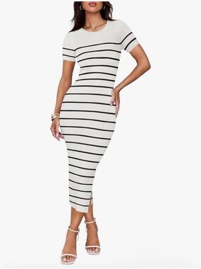 ZESICA Women's Bodycon Midi Striped Short Sleeve Ribbed Knit Dress Size L NWT